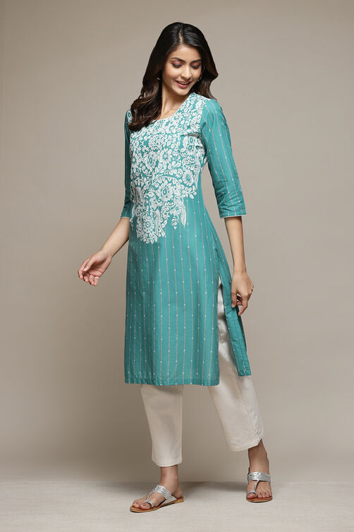 Green Cotton Straight Printed Kurta image number 2