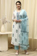 Blue Cotton Hand Block Print Unstitched Suit Set image number 7