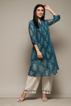 Teal Polyester Straight Printed Kurta image number 0