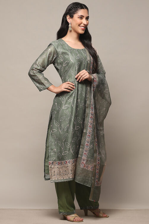 Olive Chanderi Unstitched Suit set image number 7