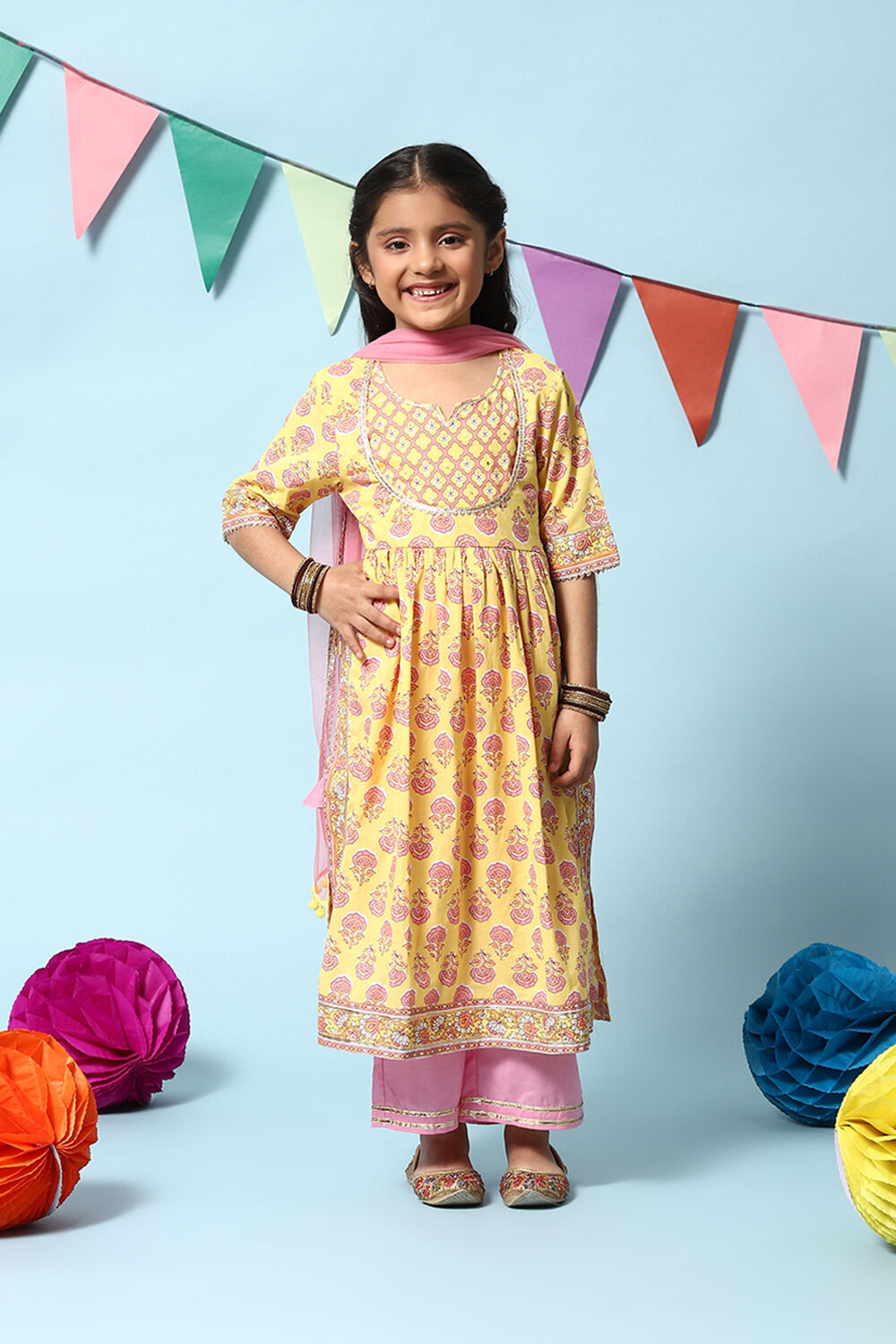 Yellow Cotton Flared Kurta Straight Palazzo Suit Set image number 7