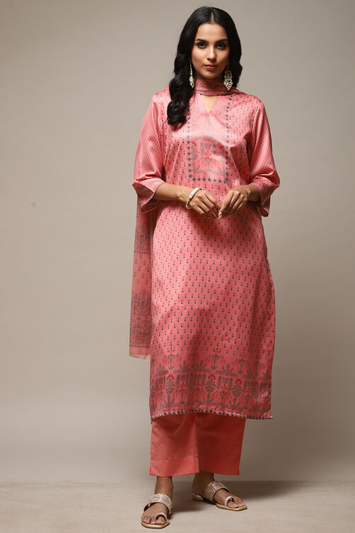 Peach Cotton Screen Print Unstitched Suit Set image number 14
