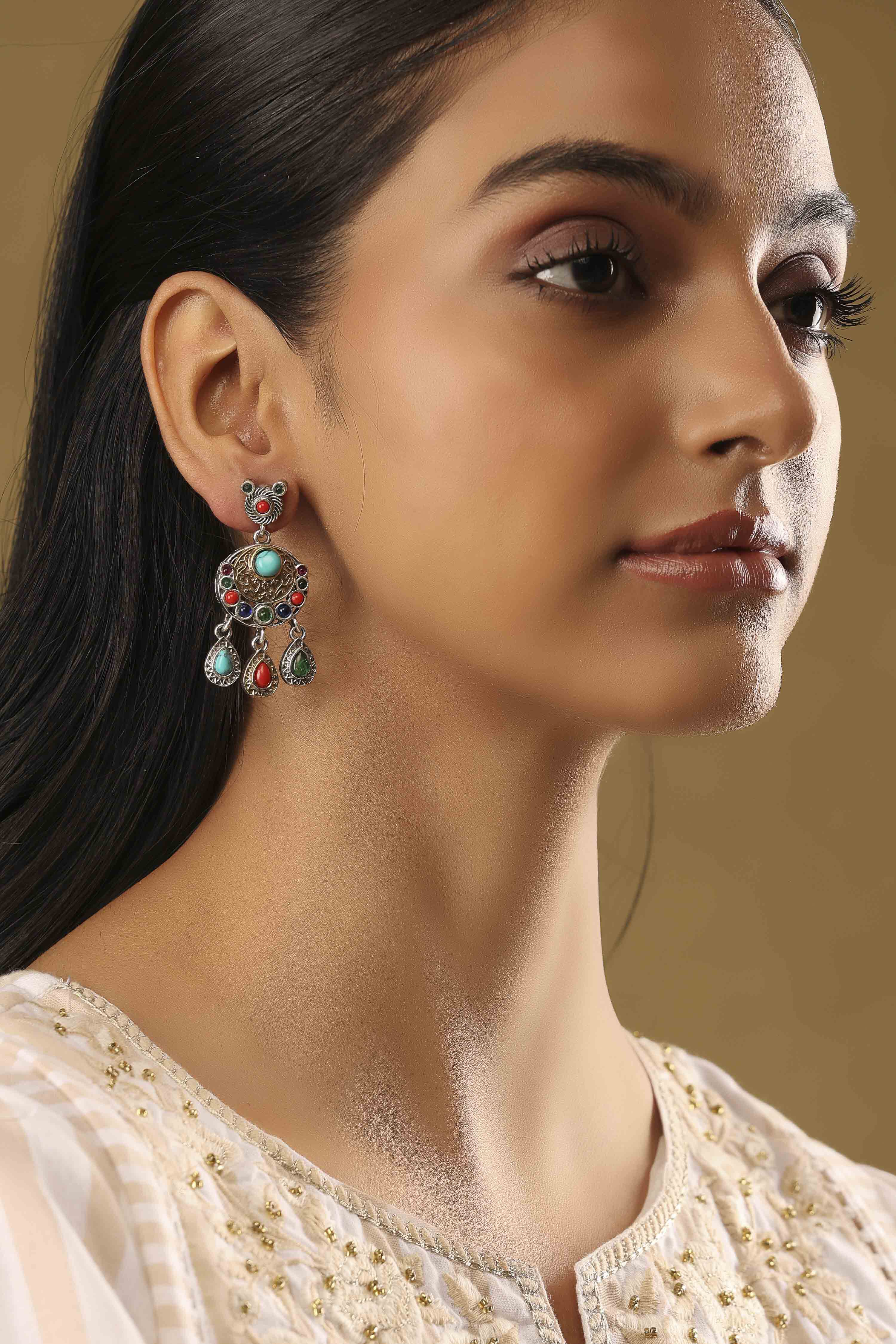 Multicolour Brass Stone Studded Drop Earrings image number 3