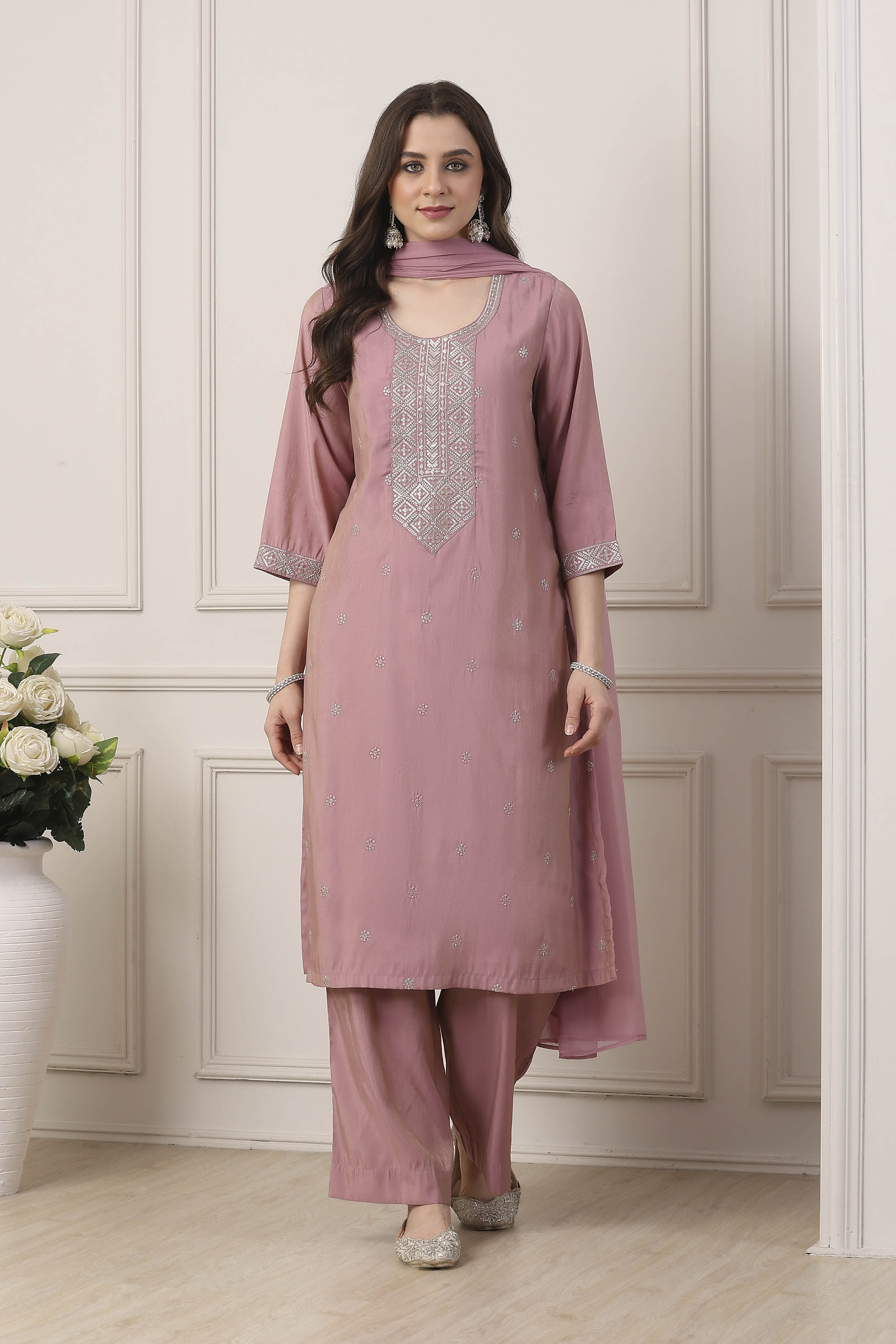 Pink Yoke Embroidered Straight Suit Set image number 6