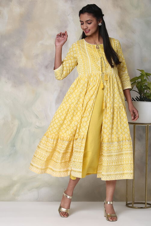 Yellow Cotton Double Layered Printed Kurta Dress image number 4
