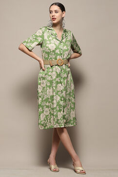 Green Pure Cotton Floral Printed Straight Dress image number 0