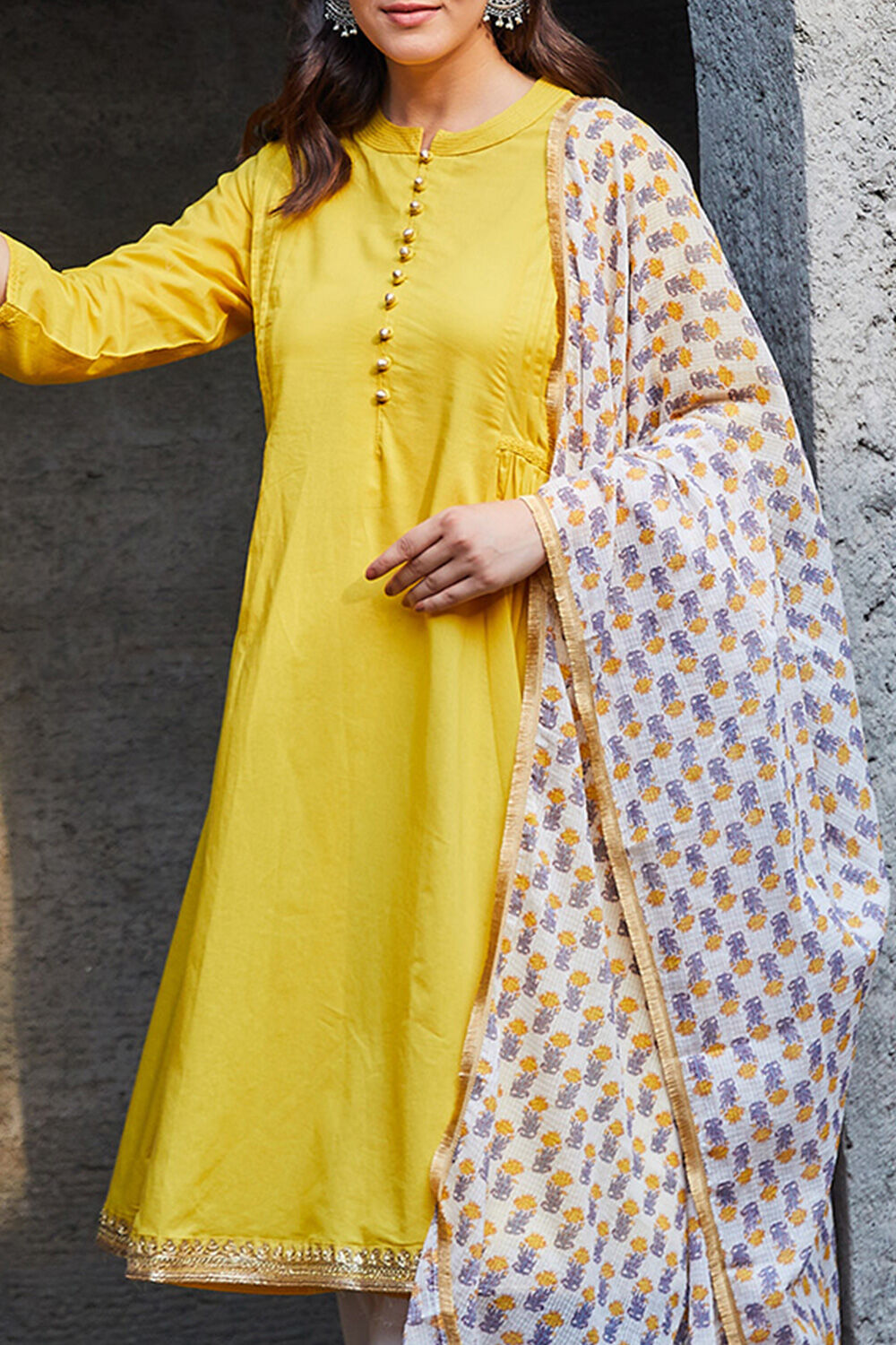Yellow Cotton Gathered Kurta & Pants Suit Set image number 1