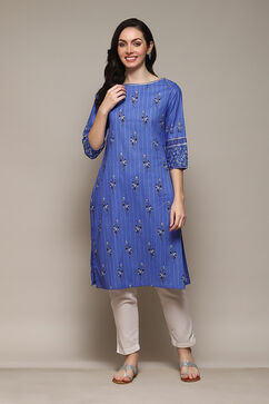 Indigo Cotton Straight Printed Kurta image number 0
