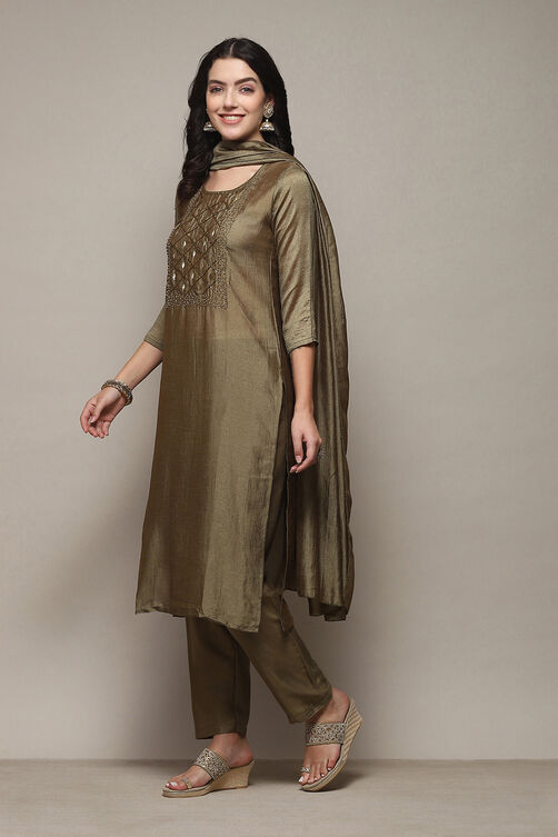 Olive Green Silk Blend Machine Embroidered Unstitched Suit Set image number 4