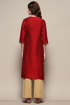 Red Polyester Straight Kurta image number 3