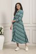 Turquoise Chevron Block Printed Shirt-Style Flared Dress image number 2