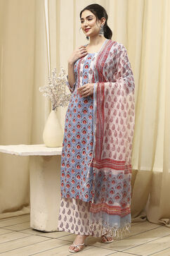 Slate Blue Cotton Hand Block Print Unstitched Suit Set image number 4