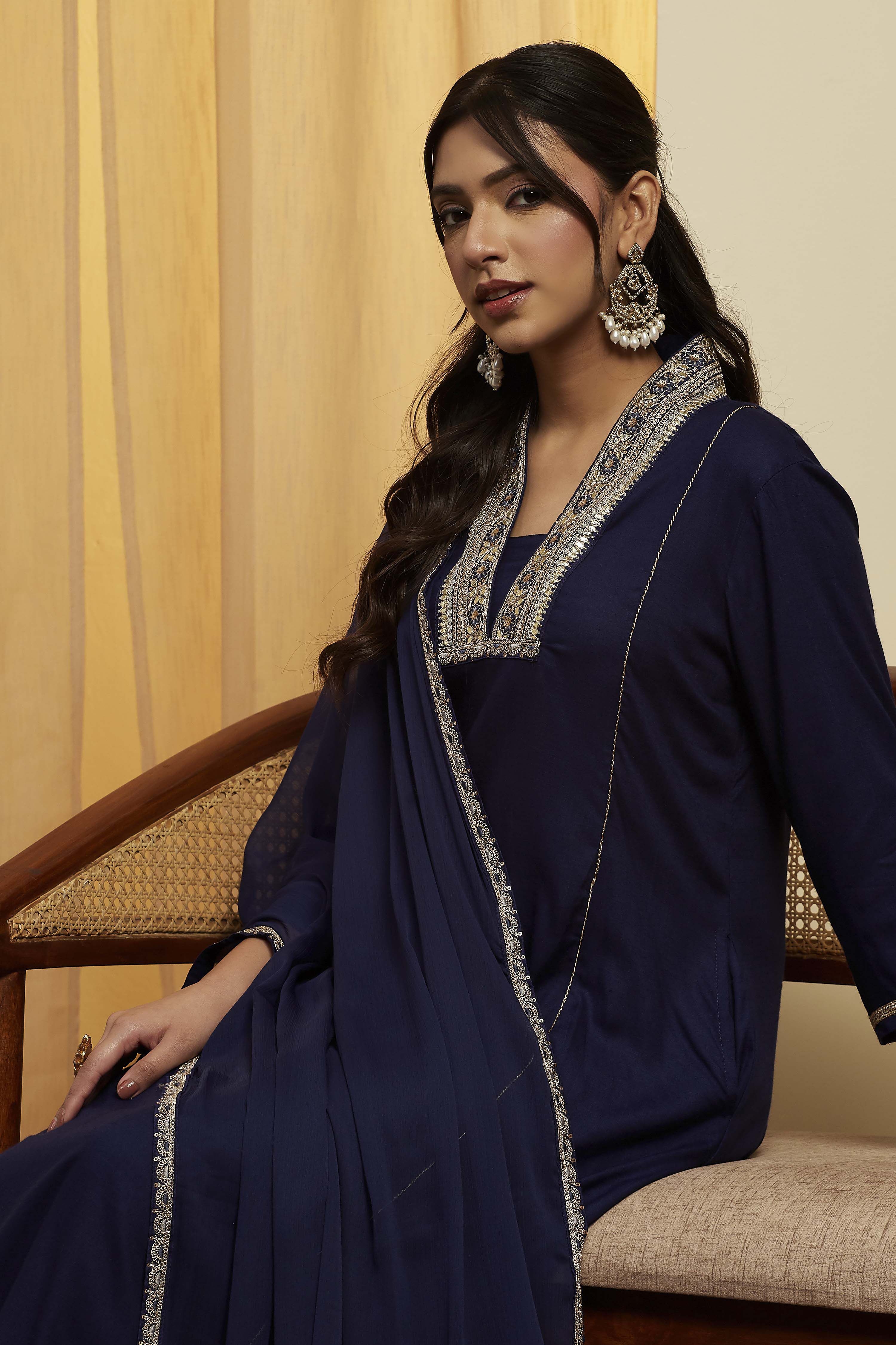 Navy Blue Viscose Rayon Yoke Design Straight Kurta Set image number 1