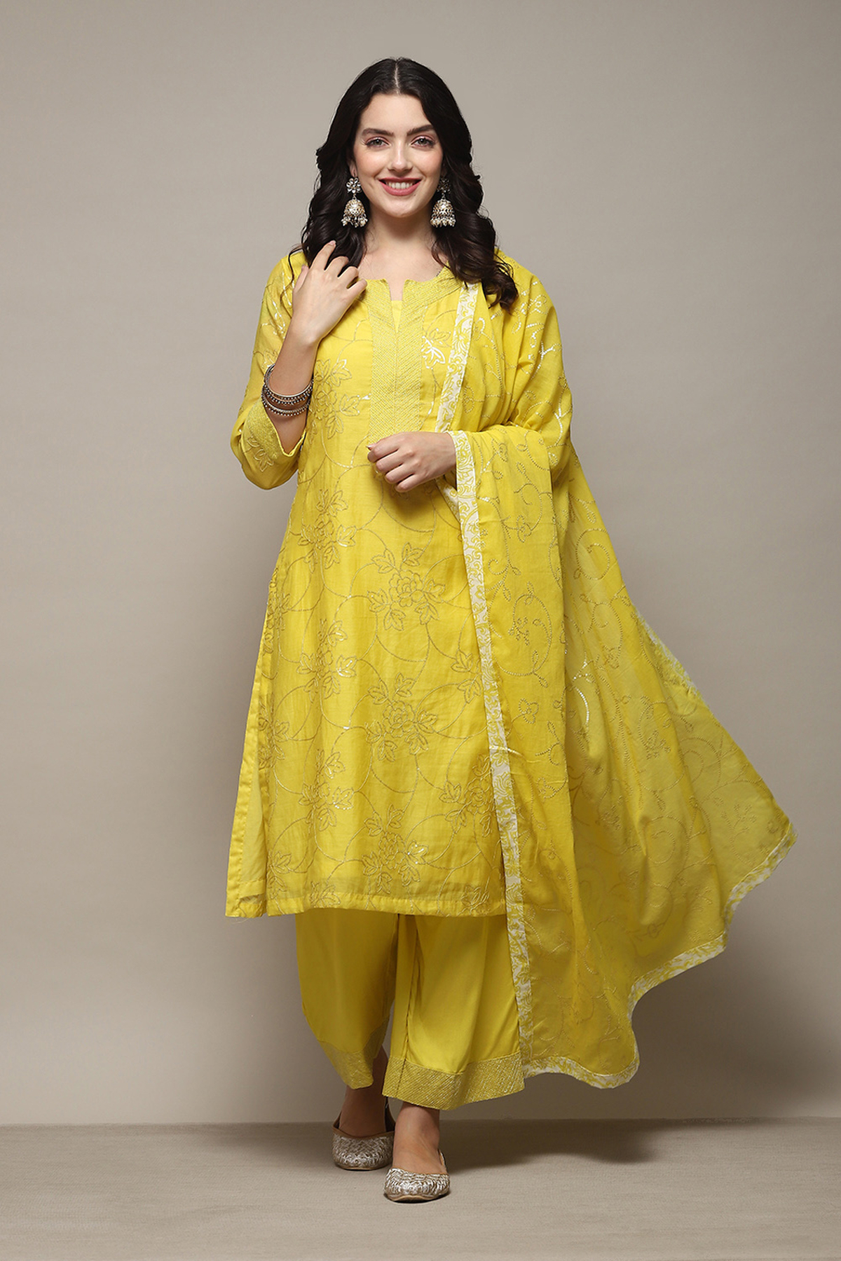 Lime Yellow Cotton Silk Straight Kurta Palazzo Suit Set