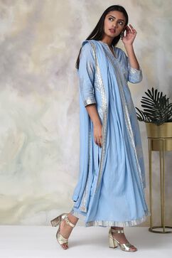 Light Blue Cotton Straight Kurta Palazzo Suit Set image number 5