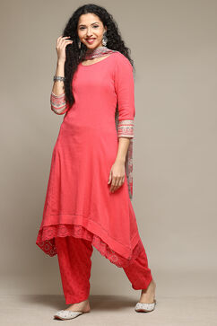 Romantic Pink Cotton A-Line Kurta Palazzo Suit Set image number 6