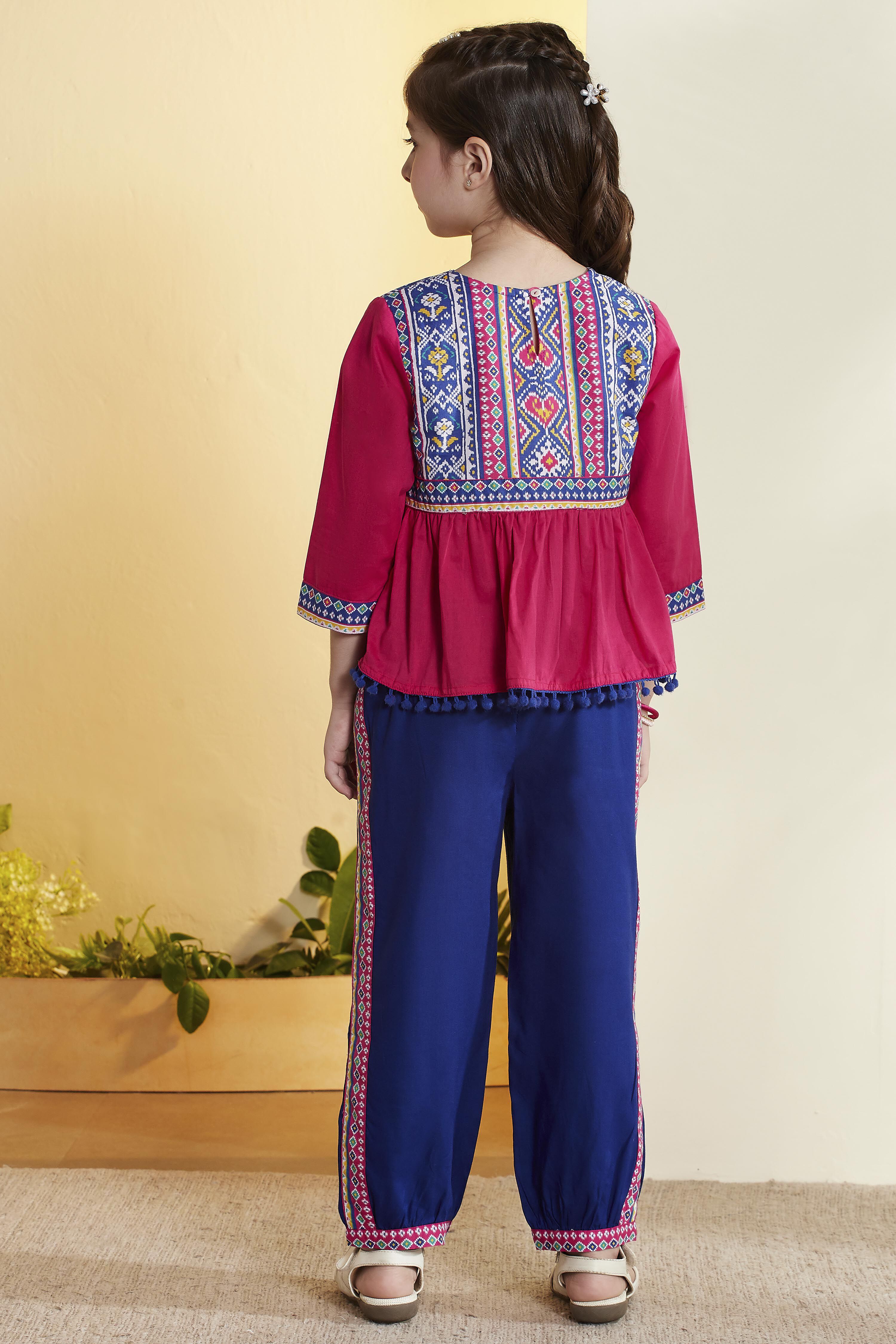 Pink Cotton Printed Gathered Kurta Pants Set image number 5