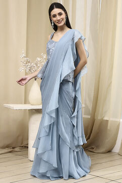 Ice Blue Nylon Saree image number 3