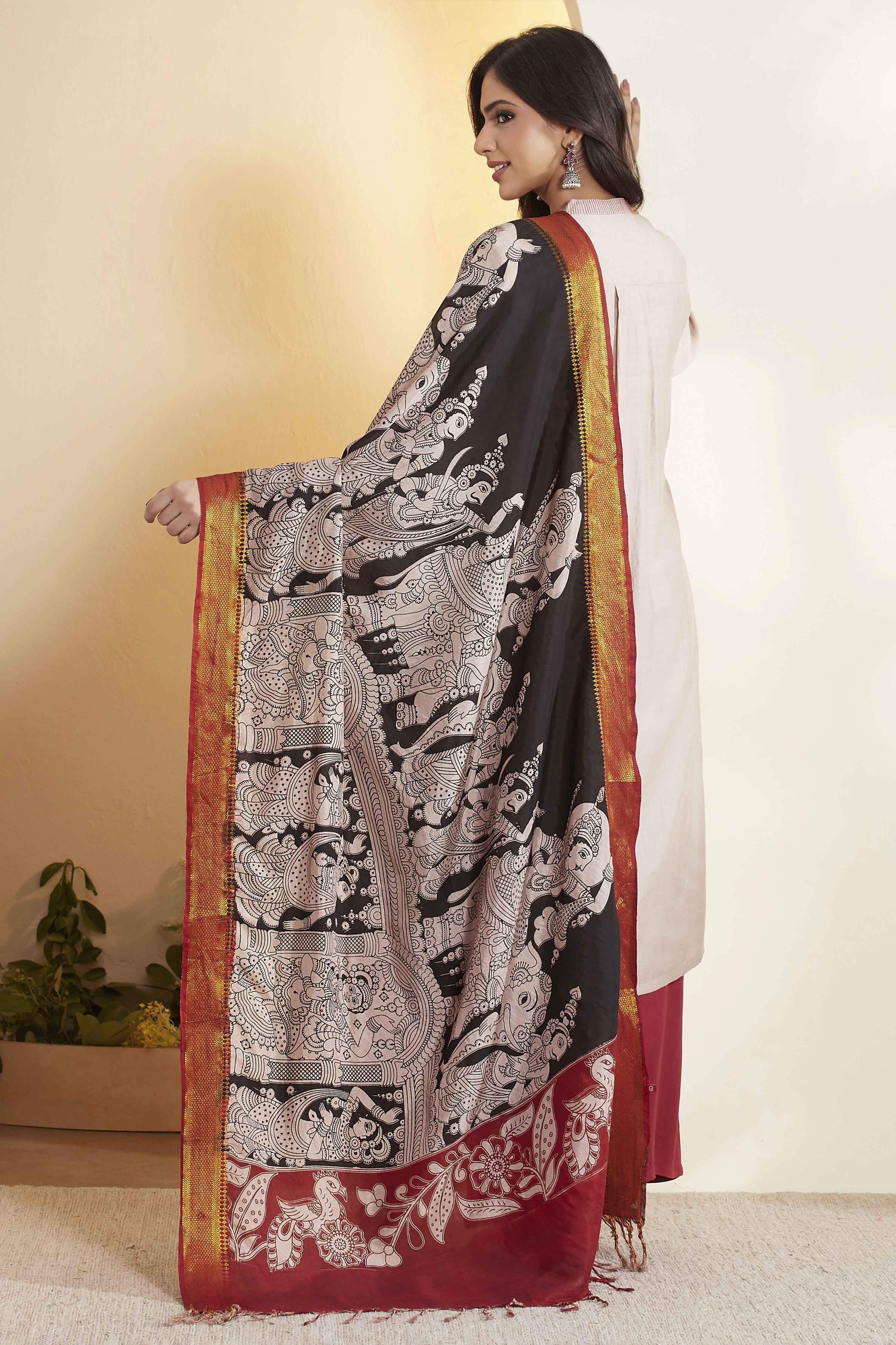 Black Chennur Silk Kalamkari- Inspired Dupatta image number 5