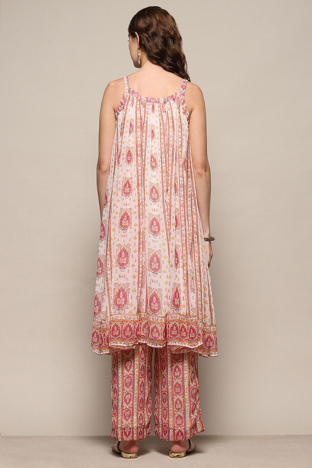 Cream Printed Strappy A-Line & Palazzo Suit Set image number 5