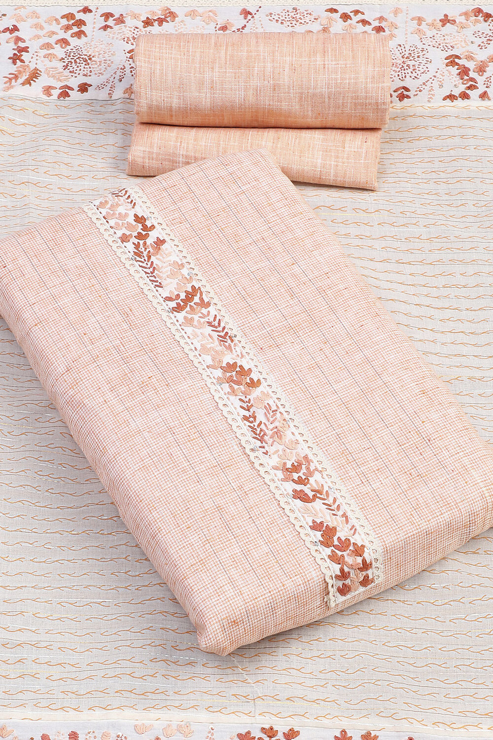Peach Cotton Unstitched Suit Set image number 3