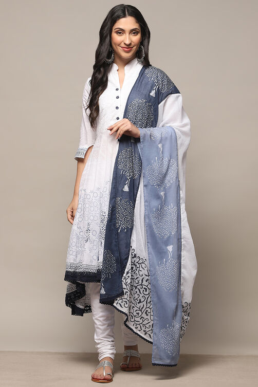 White Cotton Asymmetric Anarkali & Churidar Suit Set image number 7