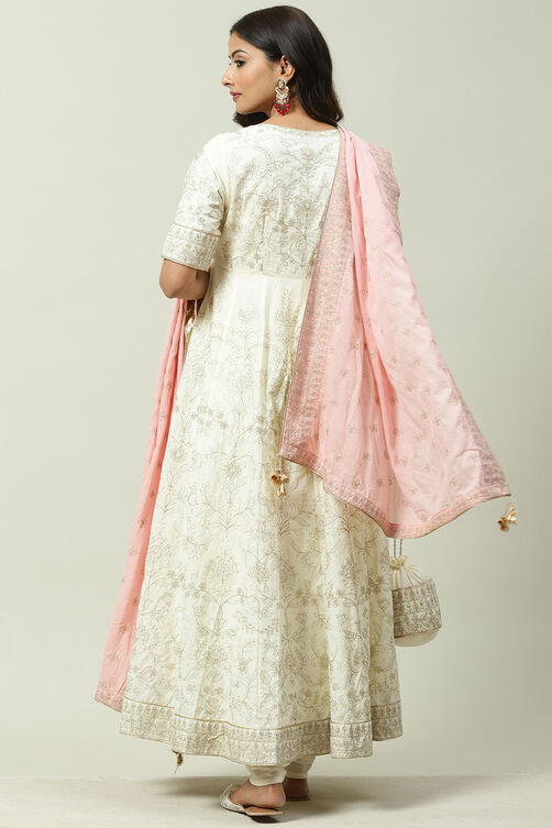 Off White Cotton Anarkali Kurta Churidar Suit Set image number 7