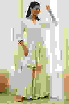 Off-White Cotton Embroidered Flared Suit Set image number 0