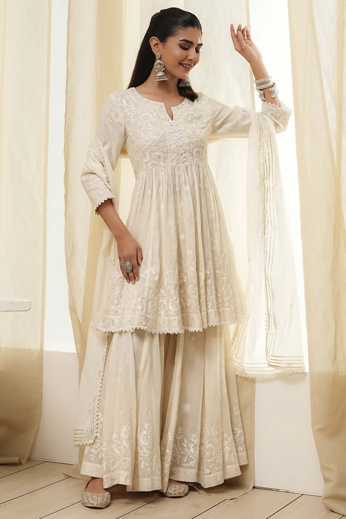 Off-White Cotton Embroidered Flared Suit Set image number 0