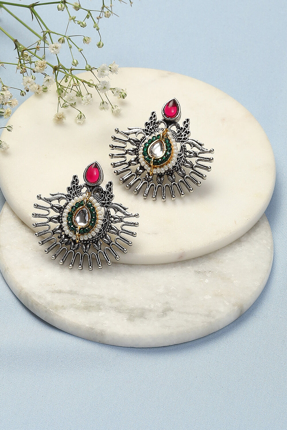 Oxidised Red & Green Brass Earrings image number 0