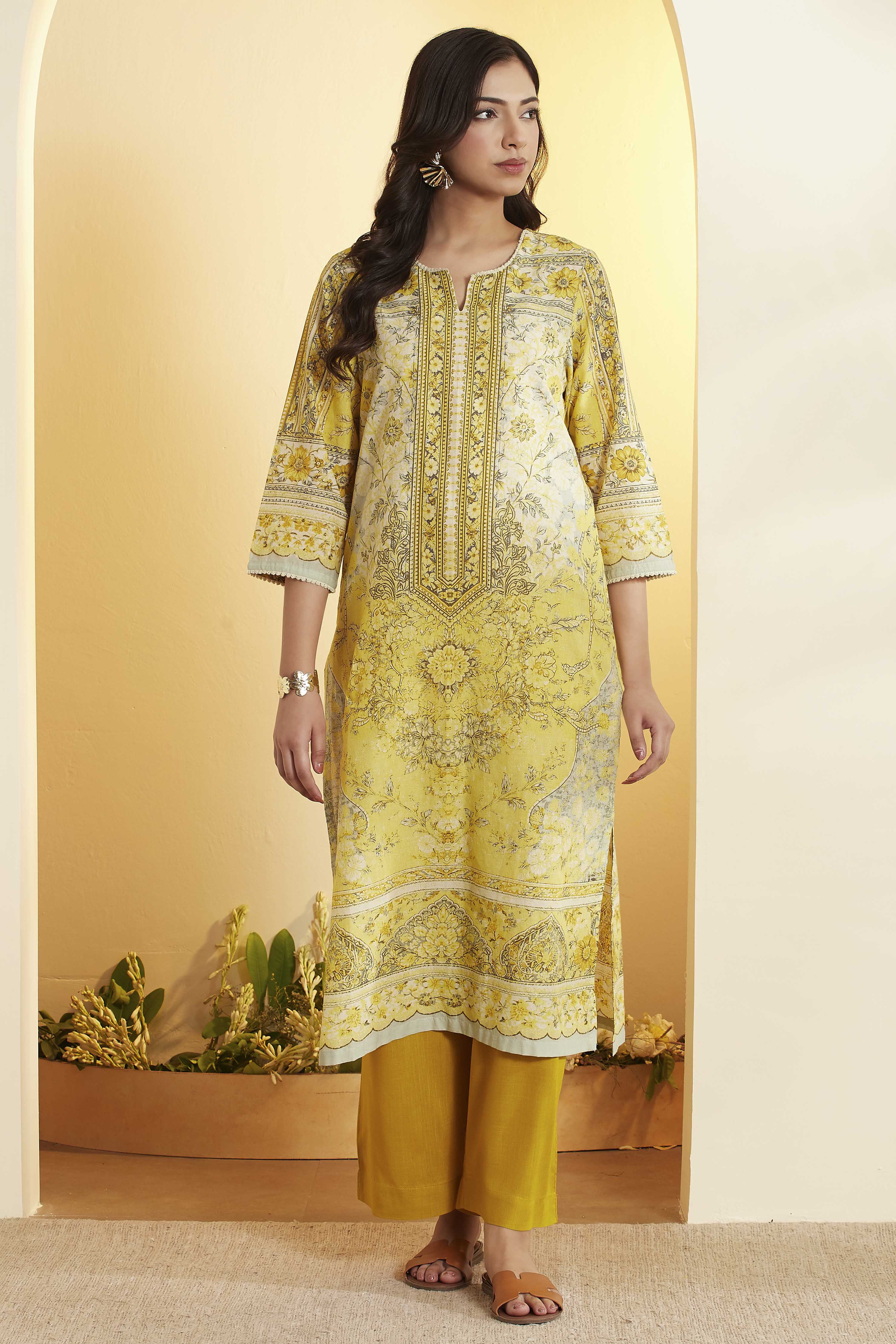 Lime Cotton Straight Kurta image number 5