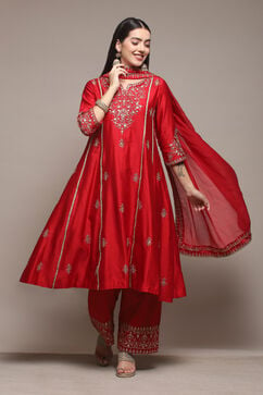 Red Cotton Silk Kalidar Kurta Palazzo Suit Set image number 0