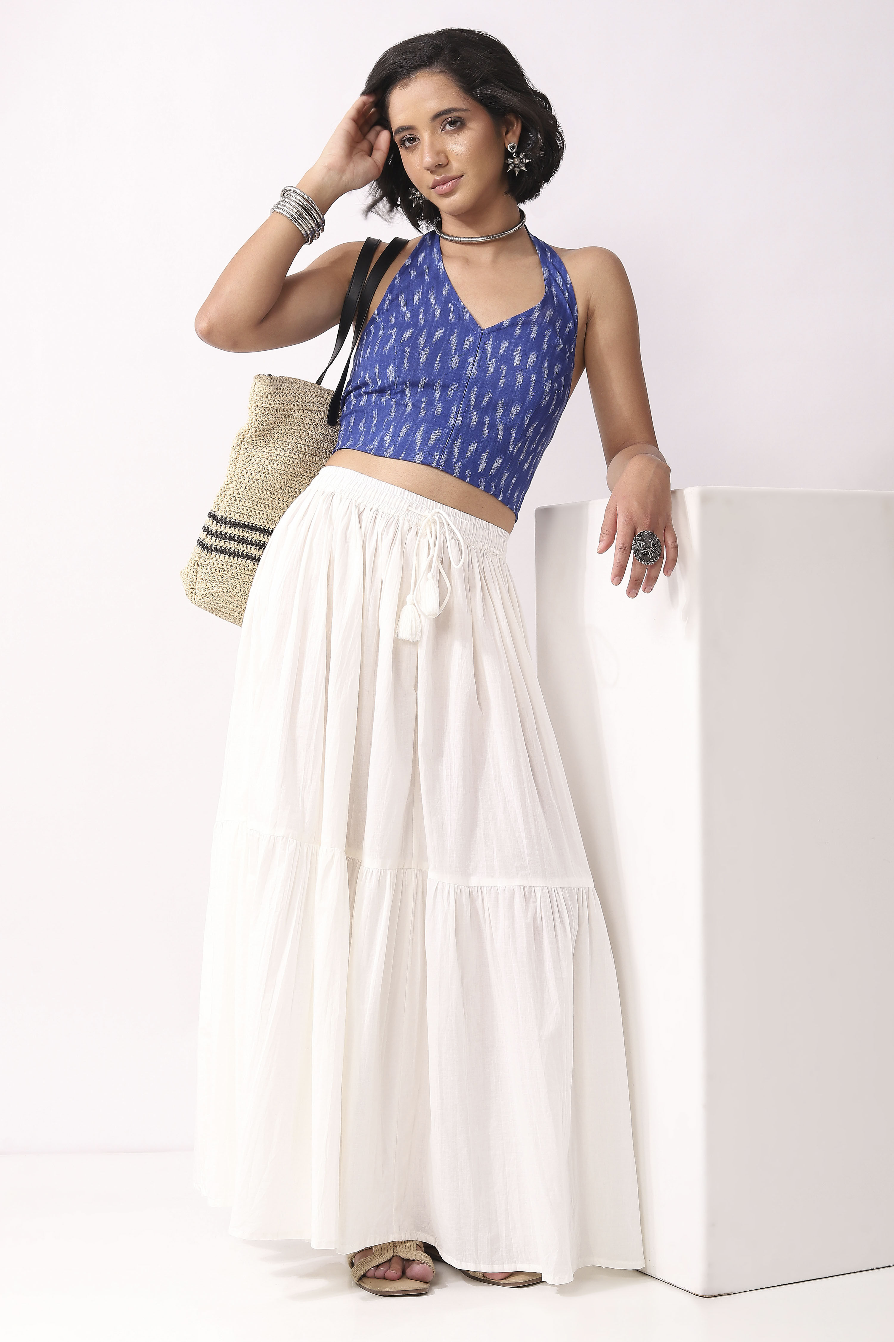 White Cotton Tiered Maxi Skirt image number 0