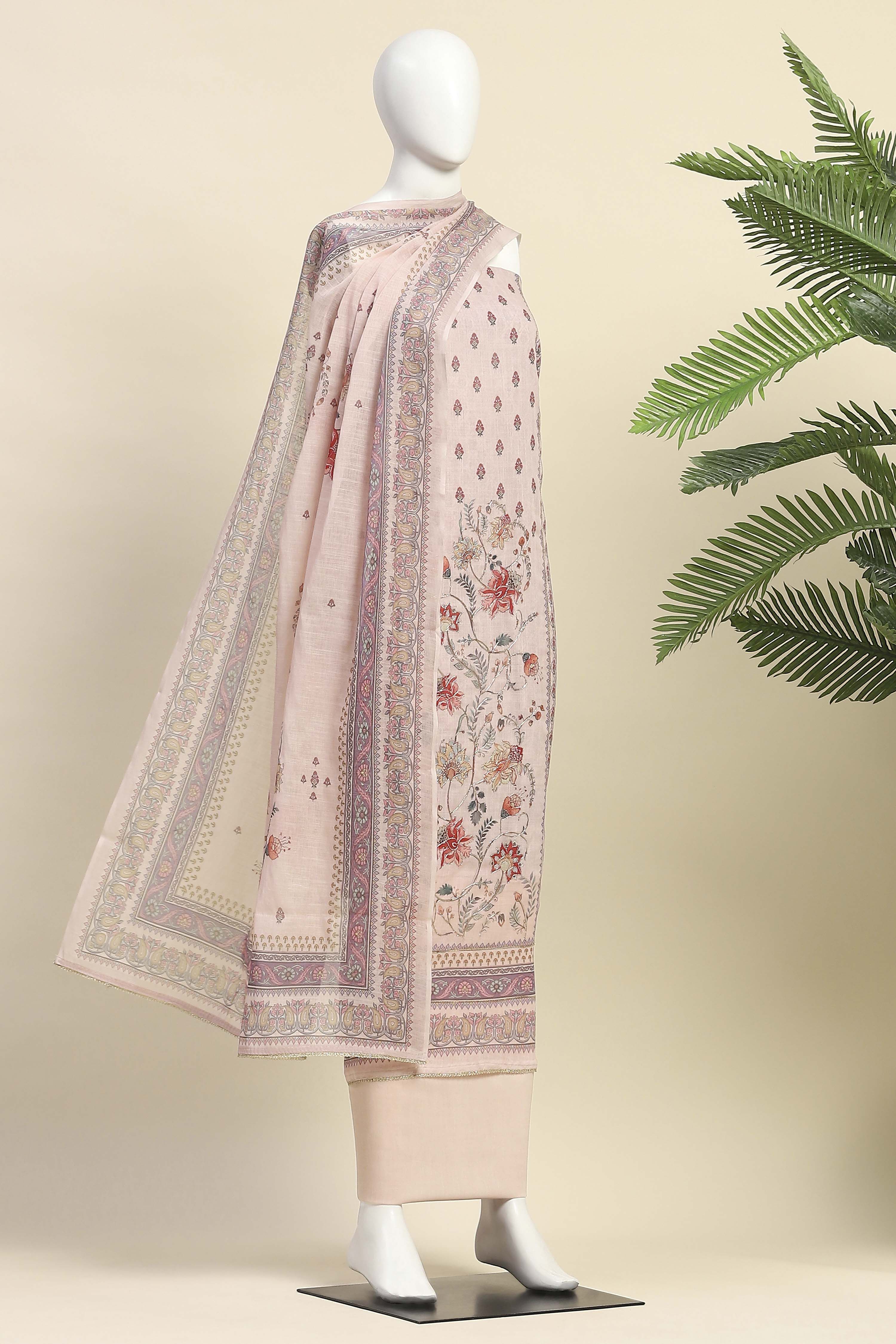 Peach Linen Unstitched Suit Set image number 4
