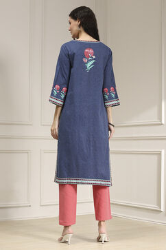 Indigo Blue Cotton Printed Straight Kurta image number 3