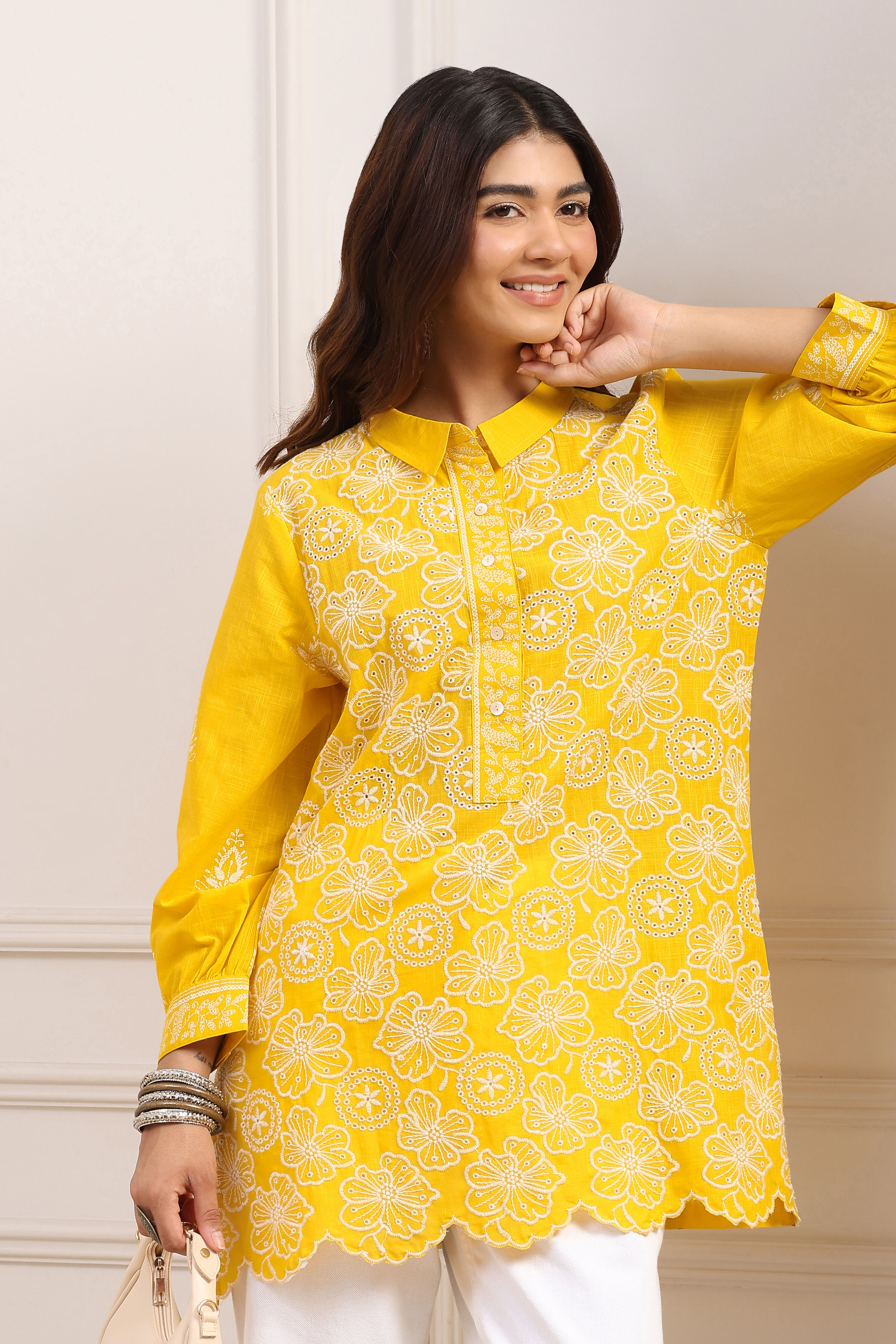Yellow Cotton A-Line Short Kurti image number 6