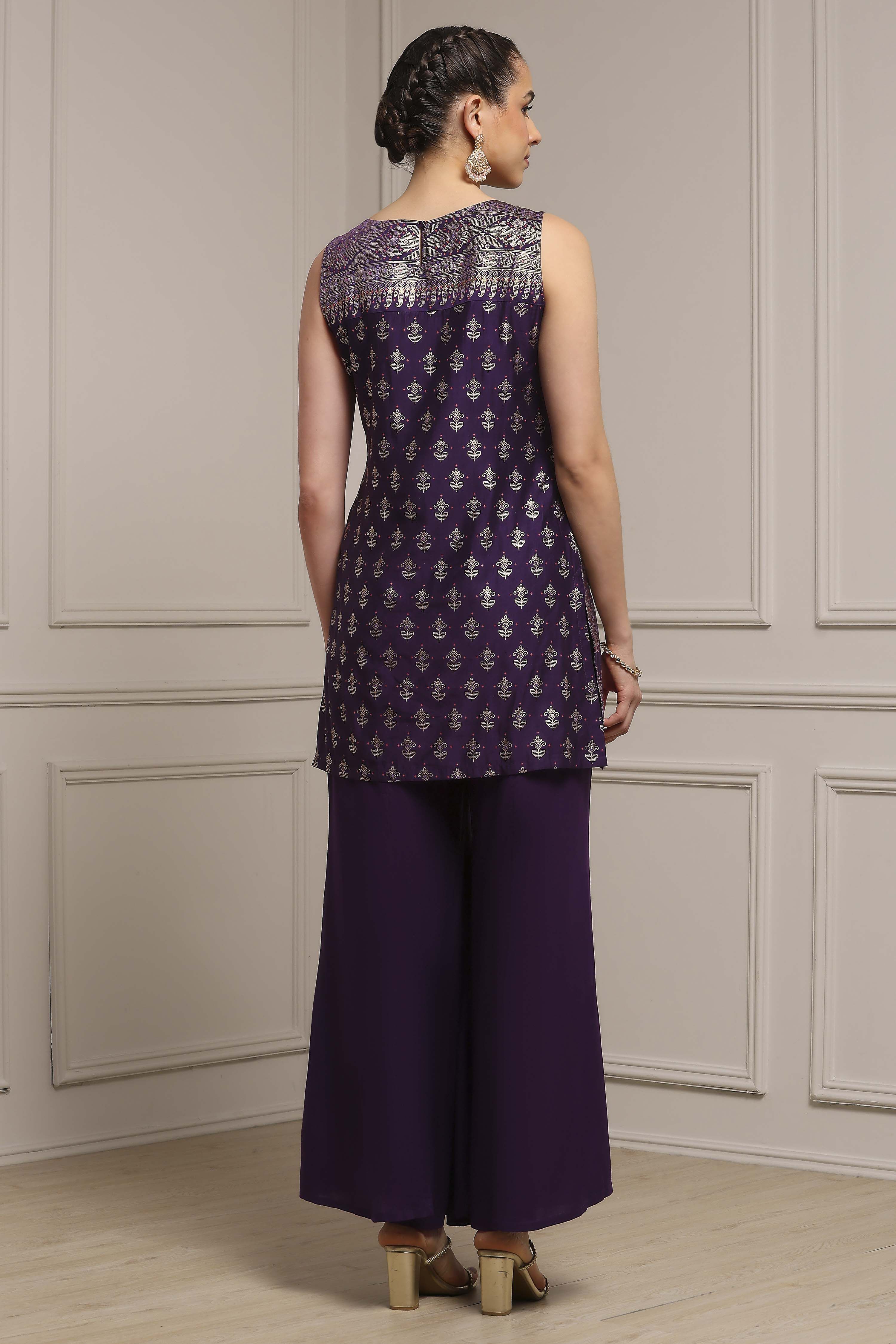 Purple Viscose Blend Straight Printed Kurta Pants Set image number 4