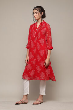 Red Polyester Straight Printed Kurta image number 3