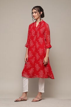 Red Polyester Straight Printed Kurta image number 3