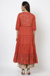 Rust Cotton Flared Printed Kurta image number 5