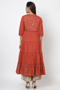 Rust Cotton Flared Printed Kurta image number 5