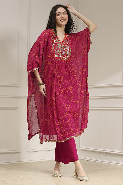 Purple Viscose Straight Printed Fusion Set image number 0
