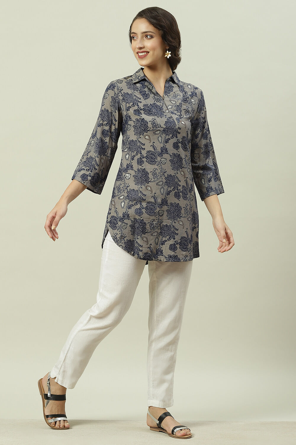 Blue  LIVA Straight Printed Shirt image number 5