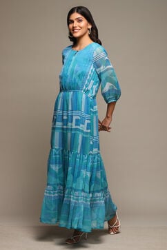 Blue Cotton Blend Tiered Printed Dress image number 2
