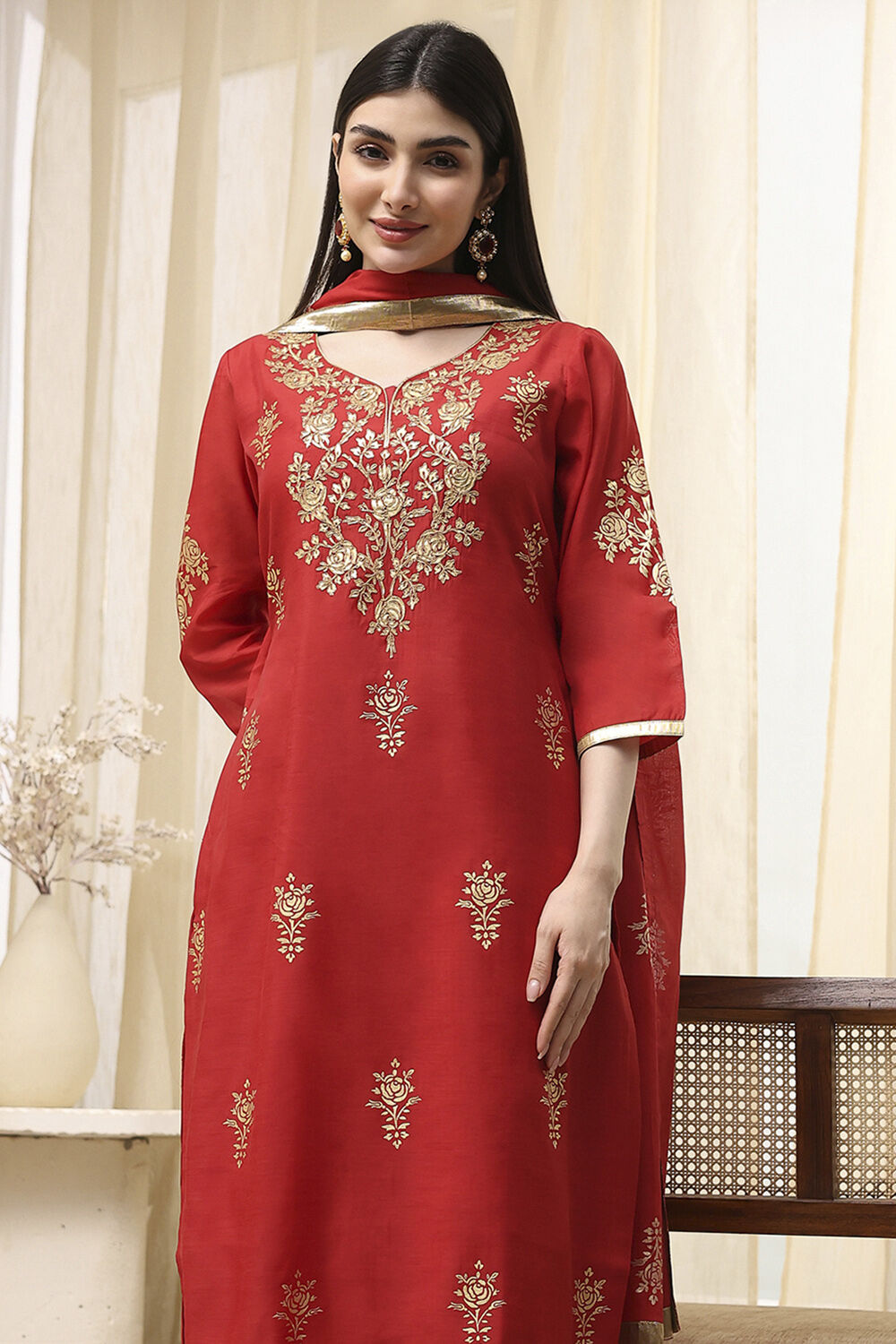 Blue Poly Chanderi Straight Suit Set image number 1