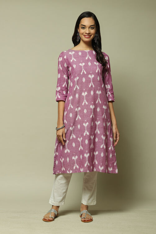 Off-White & Purple Cotton IKAT Flared Yarndyed Kurta image number 5