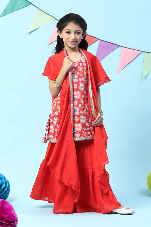Red Polyester A-Line Printed Kurta Sharara Suit Set image number 6