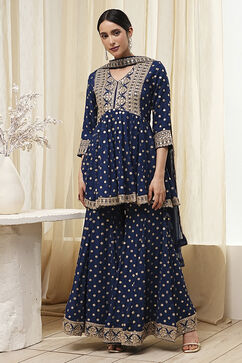 Teal Blue Georgette Embroidered Peplum Suit Set image number 6