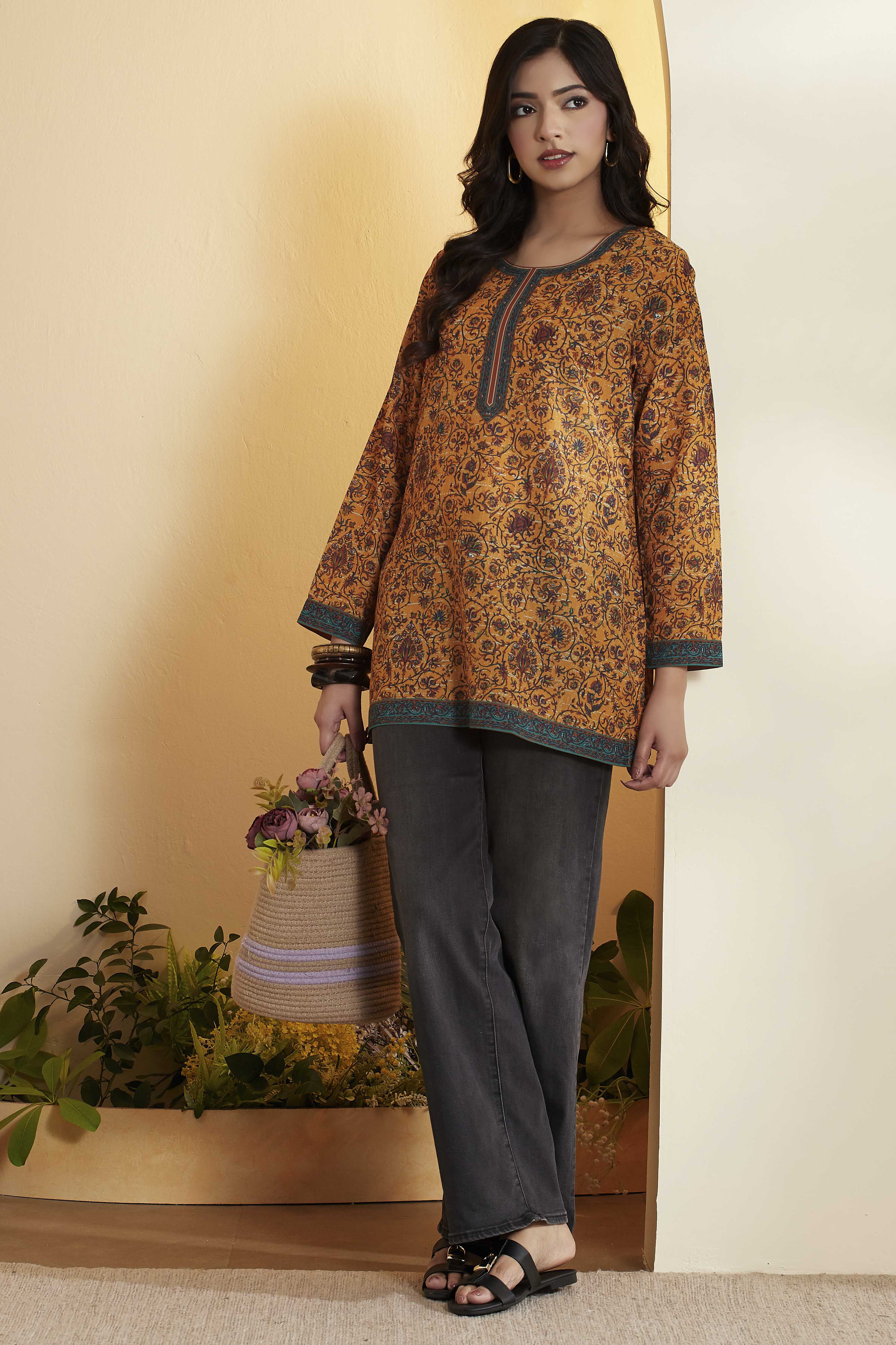 Mustard Polyester Straight Top image number 0