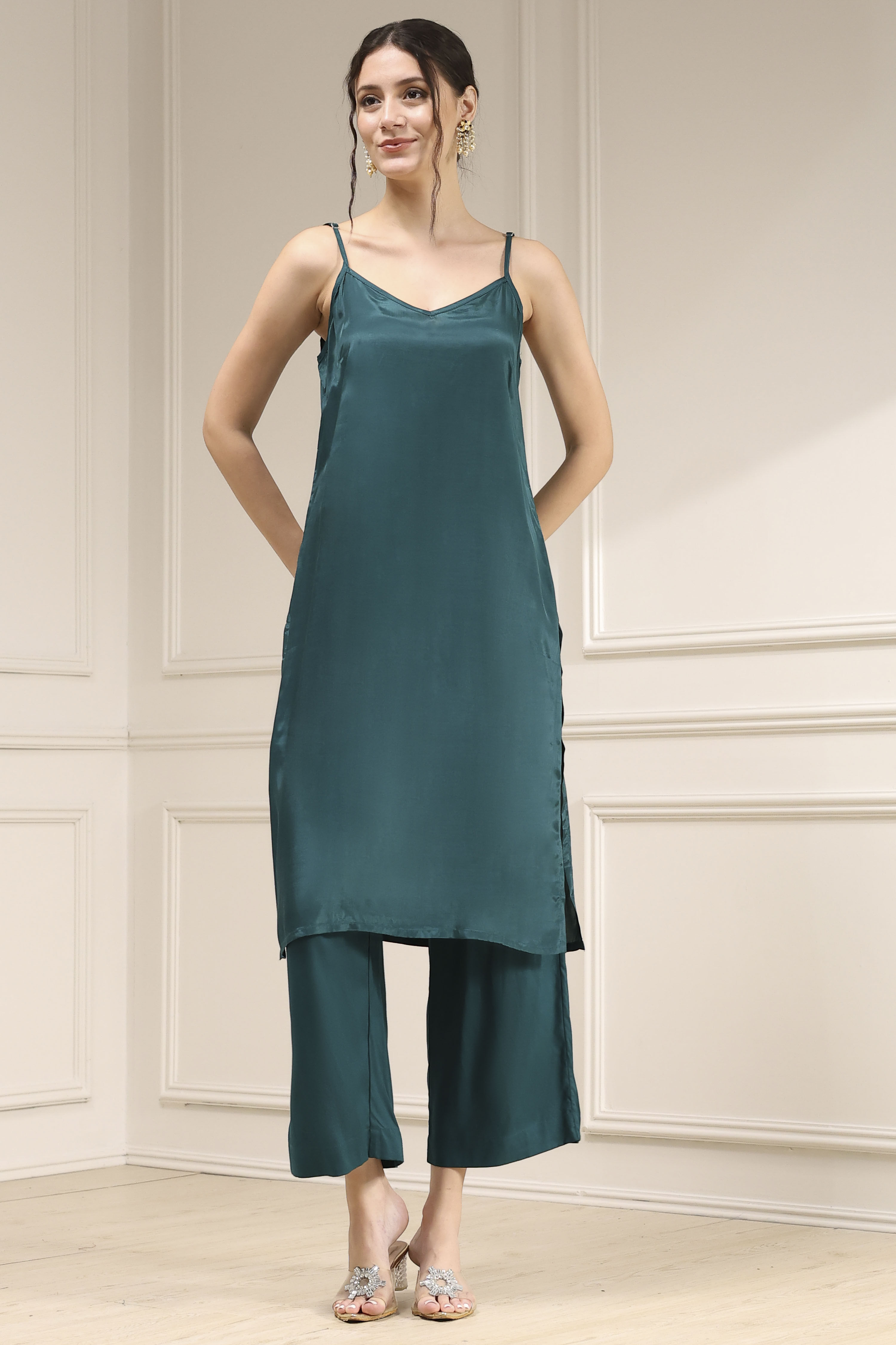 Green Striped Straight Suit Set image number 6